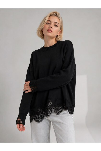 Crew Neck Lace Hem Detailed Off-Shoulder Oversize Long Sleeve Knitwear Sweater Aw26Kz00036