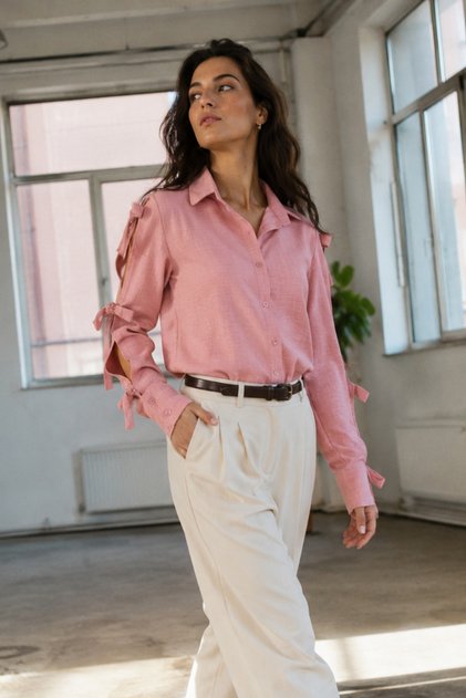 Women's Light Pink Shirt with Slit Sleeves and Lace Detail Arm-26Y001058
