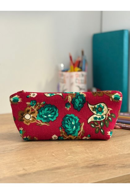 Authentic Velvet Texture Flannel Fabric Lined Pencil Case with Floral Pattern - Makeup Bag