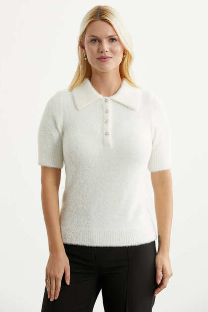 Polo Collar Soft Textured Knit Sweater - Bone