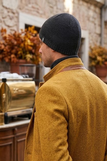 قبعة تريكو شتوية للرجال من القطن المضلع، قبعة محبوكة دافئة ومرنة مع علامة منسوجة