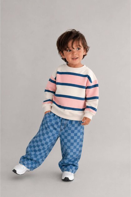 Pembe Lacivert Çizgili Sweatshirt & Mavi Damalı Pantolon Erkek Çocuk İkili Takım