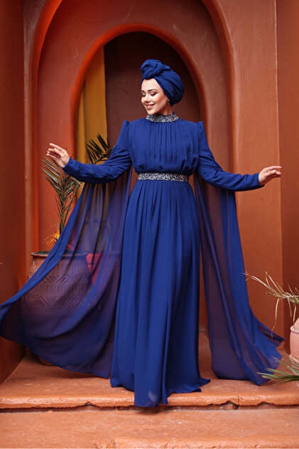Sax Blue Hijab Evening Dress with Cape Shoulders 25911Sx