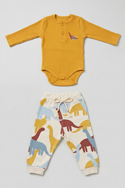 Baby Boy Dinosaur Patterned Corduroy Snap Fastener Bodysuit and Jogger Pants Set