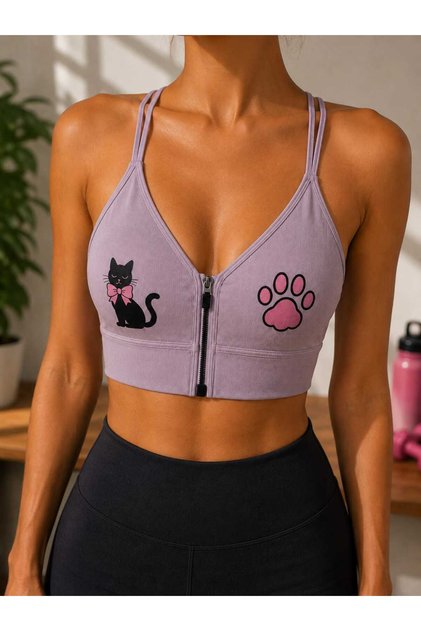 Fitilli Kedi Desenli Fermuarlı Çıkarılabilir Pedli Sporcu Sütyeni Büstiyer