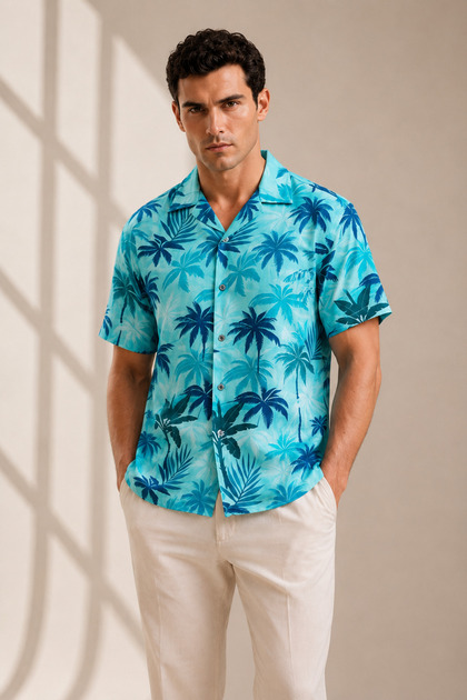 Erkek Palmiye Desenli Kısa Kollu Hawaii Vice City Gömlek