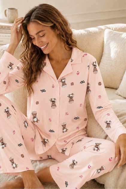 Salmon Ground Bear Print Patterned Bamboo Knitted Women's Buttoned Long Sleeve Pajama Set