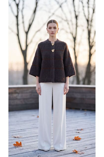 Ges Kol, Stylish Cardigan with Double Brooches (Pancho) and Hidden Buttons