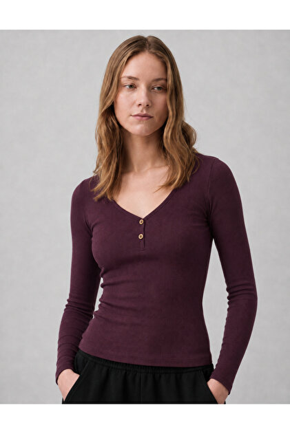 Dusty Rose Kadın Bordo V Yaka T-shirt