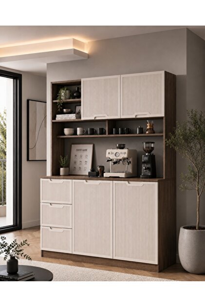 SİENA BEJ KAHVE KÖŞESİ VE ÇOK AMAÇLI DOLAP - MODERN TASARIM MDF MEMBRAN KAPAK LAMBRİ DESENLİ