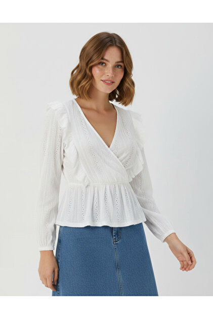 V-Neck Ruffle Detailed Double-Breasted Blouse White