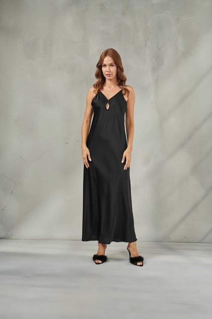 Women's Keyhole Low-Cut Black Satin Long Nightgown Dress Iris & Slip Dress Thin Straps Window Front Dowry Nightgown