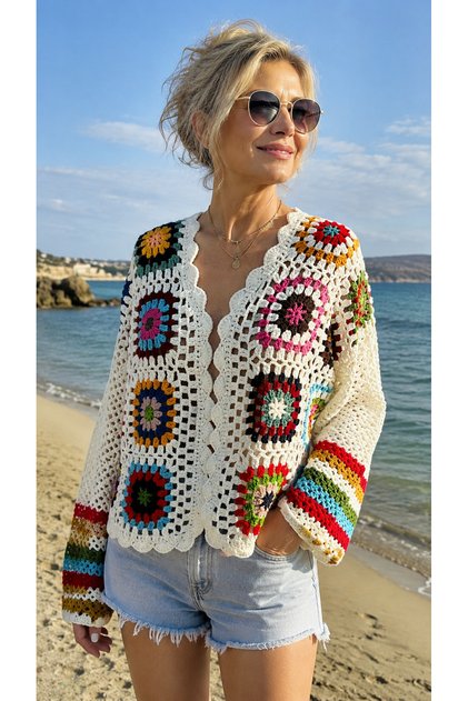 Hand Knitted Motif Women's Cardigan – Alize Angora Gold – White / Multicolor