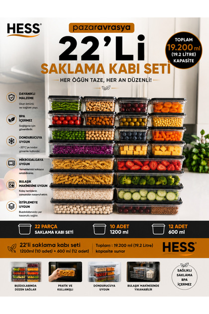 Mikrodalga ve Difriz Uyumlu 22 Adet Saklama Kabı Seti 1200MLX10+600MLX12