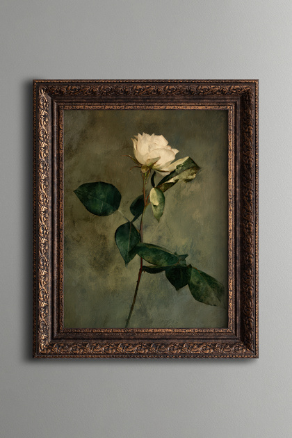 White Rose on Green Background - Vintage Patterned Painting - Thick Model