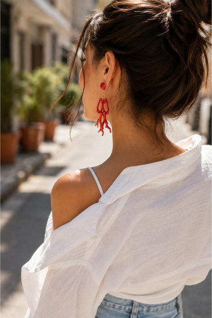 Coral Branch Design Dangle Earrings with Bead Detail Long Earrings with White Red and Turquoise Color Options