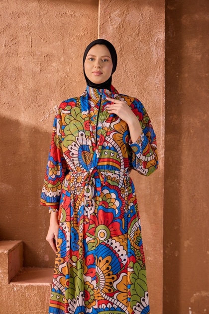 Tesettür Mayo Üzerine Tek Kaftan Psikedelik Desen
