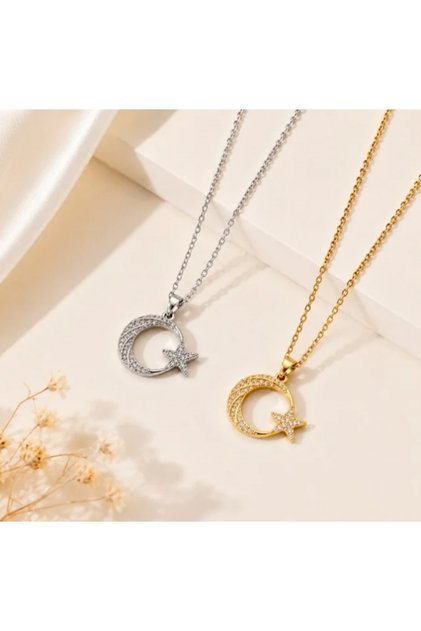 Moon and Star 2-Piece Couple Necklace Gift for Lovers Stainless Steel (Gold-Silver)