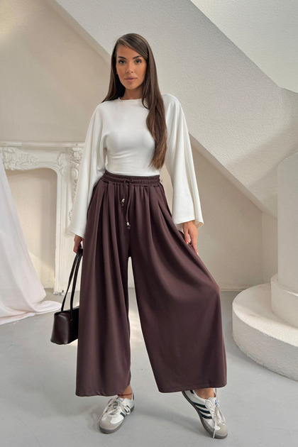 Women's Pleated Wide-Leg Palazzo Trousers with Elastic Waist and Rope Detail 0186 - Brown