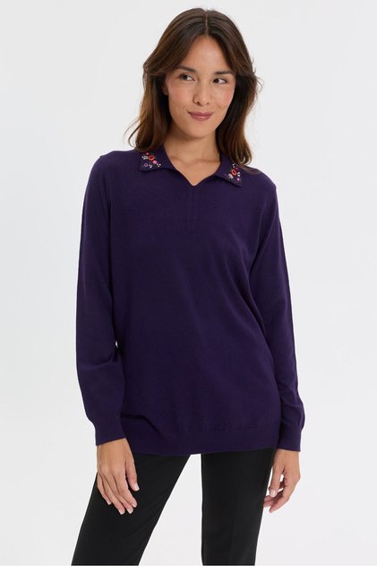 Women's Polo Collar Embroidered Liguara Blouse Dark Purple