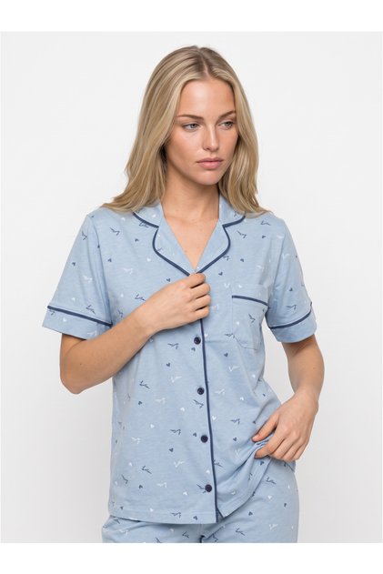 Women's Short Sleeved Love Patterned Front Buttoned Pajama Set