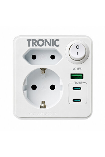 Priză dublă cu USB-A QC 18W și 2× USB-C PD 20W, întrerupător, 3680W