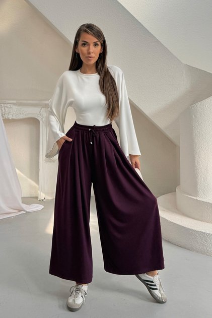 Women's Pleated Wide-Leg Palazzo Trousers with Elastic Waist and Rope Detail 0186 - Plum