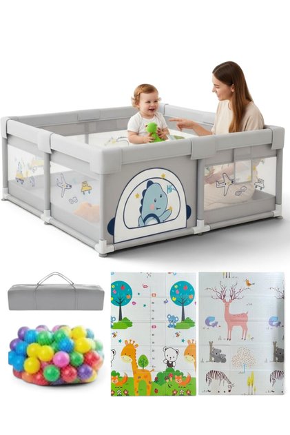 Детска кошара за игра със сгъваема постелка 150x180 см, 60 цветни топки, 2 поддържащи ринга, чанта за носене