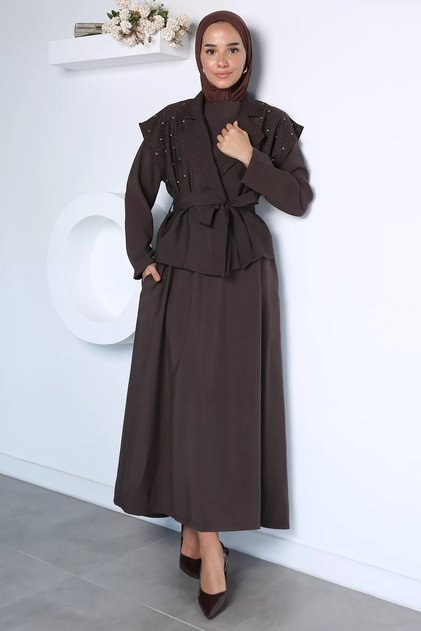 Coffee Stone Embroidered Waist-Tie Vest Dress Hijab Double Set