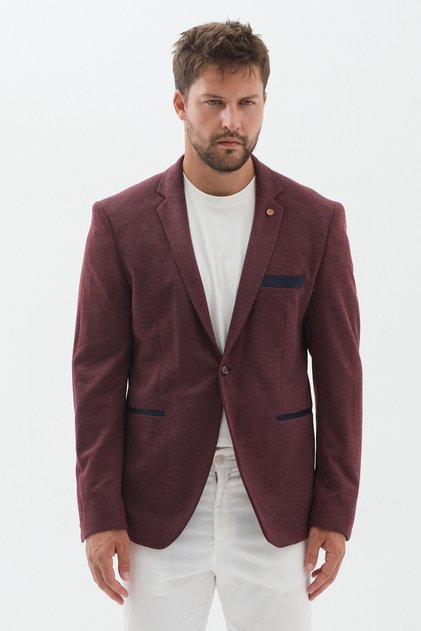 Angelos Erkek Bordo Pamuk Karışımlı Esnek Kumaşlı Armürlü Mono Yaka Spor Slim Fit Blazer Ceket