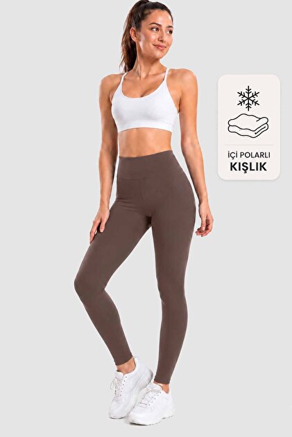 Women's Brown Fleece Lined Winter High Waist Scuba Diving Fabric Flexible Daily Sports Leggings