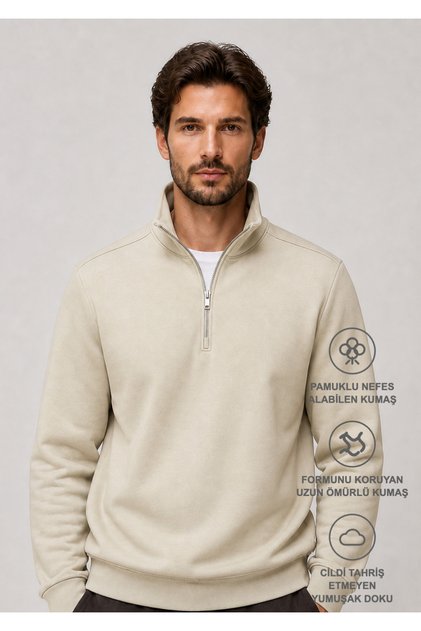 Runi Basic Regular Fit Cotton Winter Sweatshirt Beige