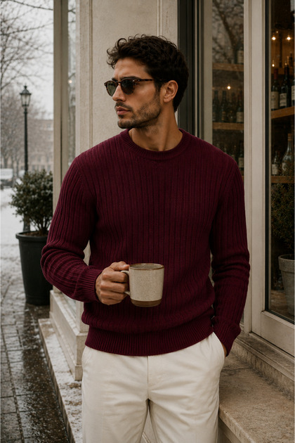 Men's Premium Ribbed Knitwear Sweater Crew Neck Slim Fit Winter Thick Textured Basic
