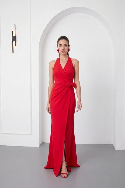 Women's Red Double-Breasted Collar Slit Long Formal Dress