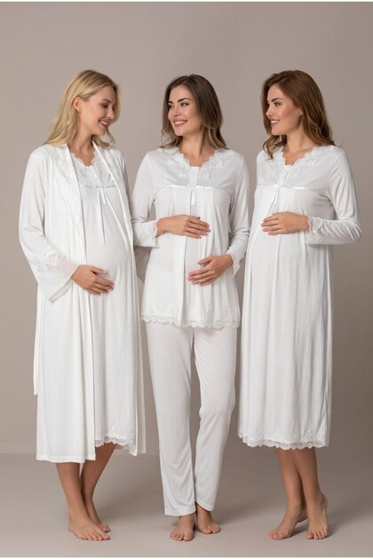 Women's Ecru Lace Long Sleeve Maternity Pajama Nightgown Set with Dressing Gown for Easy Breastfeeding