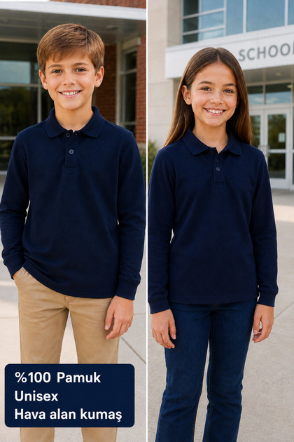 Navy Blue Long Sleeve Children's School Polo Collar T-Shirt 100% Cotton Unisex Model
