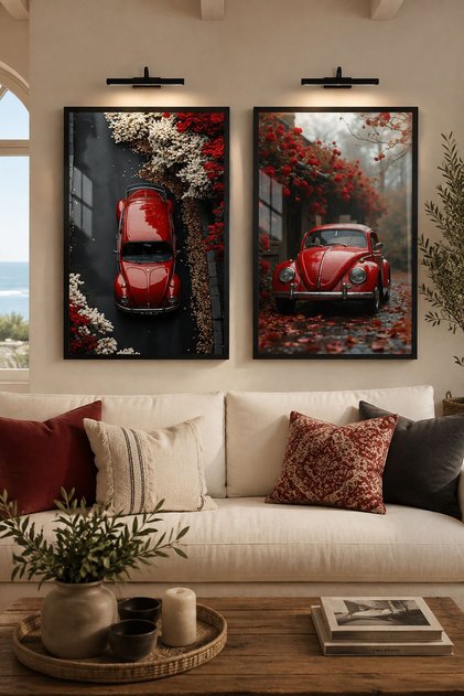 Set de 2 tablouri de perete retro Vosvos - Sticlă reală cu cadru metalic negru, Toamnă roșie