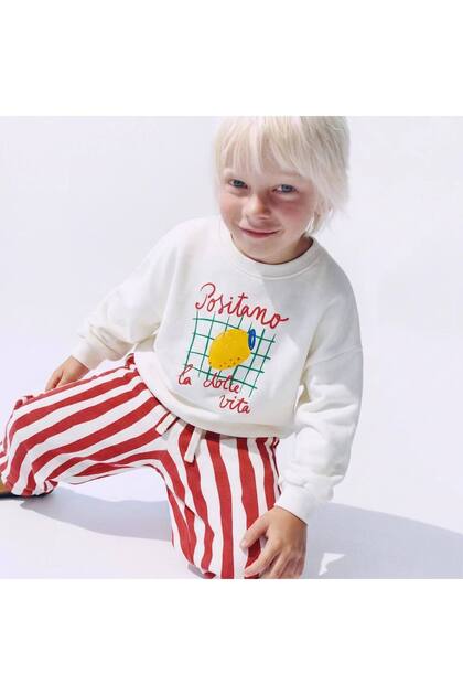 Children's Top and Bottom Set Lemon Printed Sweatshirt and Red Striped Pants Set