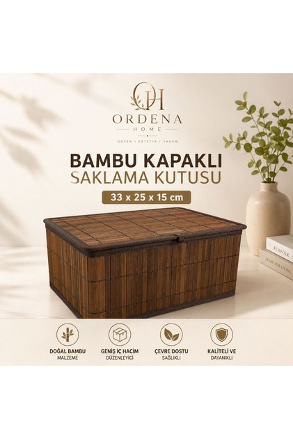 Ordena Home Bambu Kapaklı Saklama Kutusu 33x25x15 cm Büyük Boy Çok Amaçlı Düzenleyici Organizer