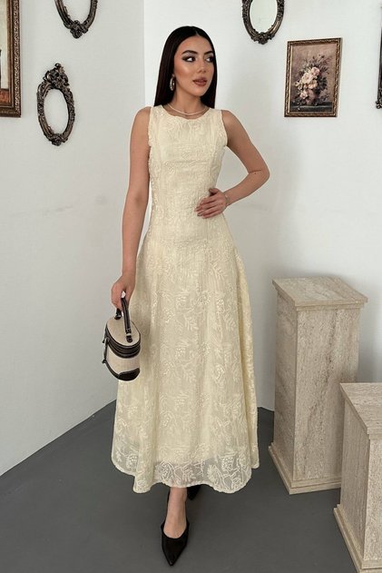 Ecru Long Dress with Cup Detail