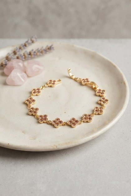 Gold Color Pink Zircon Stone Clover Model Women's Bracelet