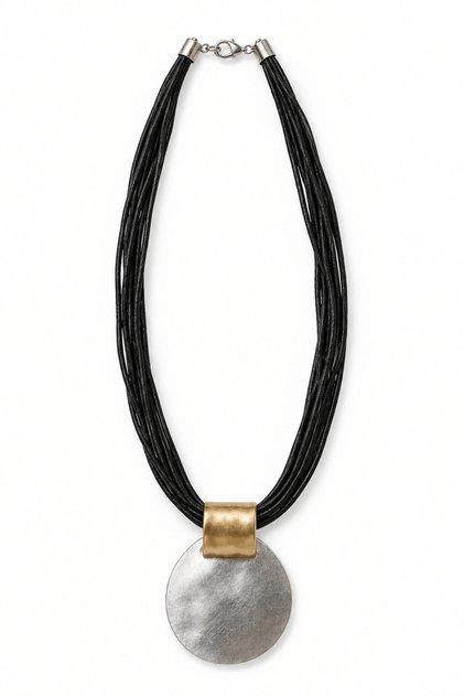 Women's Black String Necklace with Gold Detail Silver Color Round Pendant