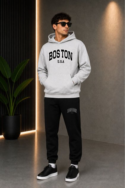 Unisex Boston Printed Seasonal Two-Thread Hooded Sweatshirt Tracksuit Set