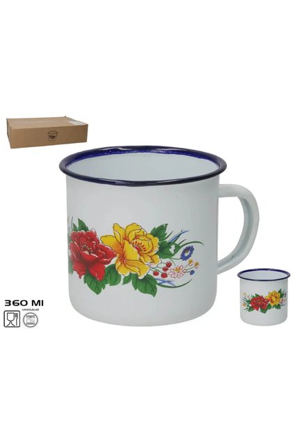 Cană emailată cu trandafiri, 360 ml, albă cu decor
