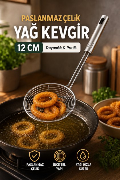 Paslanmaz Çelik Metal Yağ Kevgir 12 Cm Kızartma Süzgeci Uzun Saplı Dayanıklı Mutfak Gereci