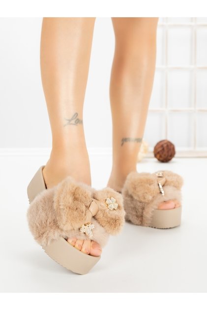 Papuci dama cu platforma kaki din material textil Seloria