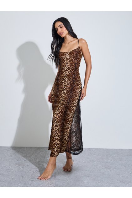 Brown Leopard Print Lace Details Maxi Slip Dress