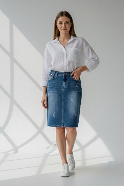Fusta dama din blugi conica cu talie medie si detalii usor deteriorate stil casual, A-59