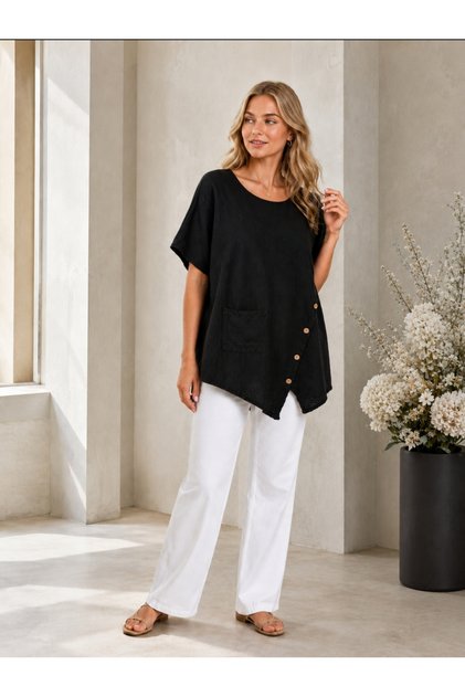 Button Detailed Pocketed Cotton Oversize Women's Linen Blouse 44-50