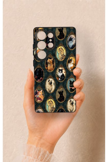 Samsung S25 Ultra Compatible Vintage Cat Portraits Patterned Silicone Case